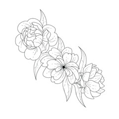 Sketch floral botany collection. Black and white bouquet, linear art on a white background. Hand drawing of a flower. Botanical illustrations. Vector.