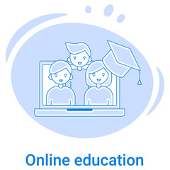 The Online education icon.Distance learning and online courses.Vector illustration of a thin line icon on a blue background.