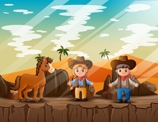 Cowboy and cowgirl with a horse in the desert illustration