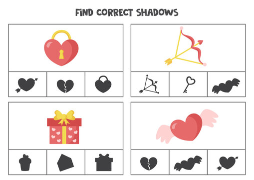 Find the correct shadows of valentine elements. Clip cards for preschool kids.