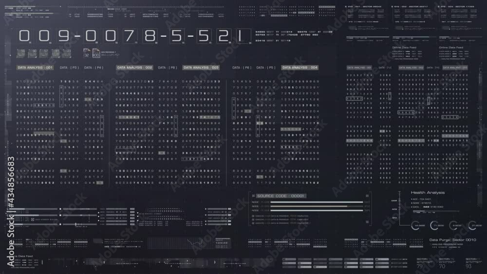Poster Futuristic source code encrypted big data algorithm telemetry motion graphic display screen with user interface display for digital background