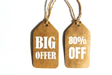 Big Offer 80% off price tag with brown string on white background