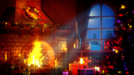 new year tree and hearth with fire glowing . computer generated object 3D rendering