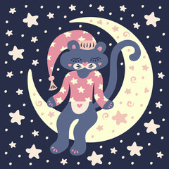 Obraz na płótnie Canvas A panther sits on the moon in a nightgown and a cap. Cute character for the bedroom.