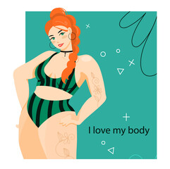 Body-positive chubby girl in a bikini swimsuit. A plump, large model with tattoos on her body in the form of organic elements. Stylish bright girl. Flat vector illustration.