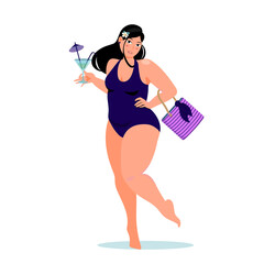 Body-positive chubby girl in a swimsuit on the beach with a cocktail and a handbag. A girl of large sizes in a closed full-length swimsuit. The girl is going to relax on the beach. 