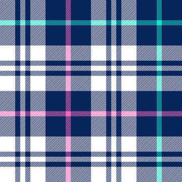 Plaid pattern vector in blue, pink, green, white. Seamless large simple tartan check plaid graphic for flannel shirt, blanket, duvet cover, other modern spring summer everyday fashion textile print.