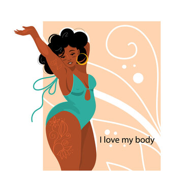 Bodie is a positive plump African American. A girl of large sizes in a closed swimsuit. A plump, large model with tattoos on her body. Flat vector illustration.