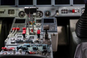 Fototapeta na wymiar Engine thrust levers. Modern jet aircraft, cockpit