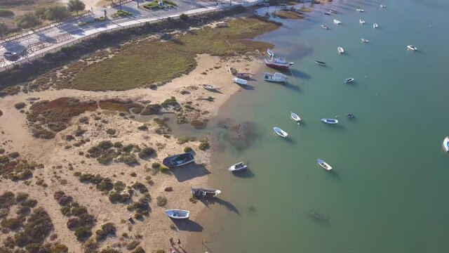 Boats On The Seashore In The Coastal Town of Cadiz, Spain. aerial