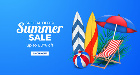 3d illustration chair relax, surfboard, ball and umbrella summer sale offer promotion banner