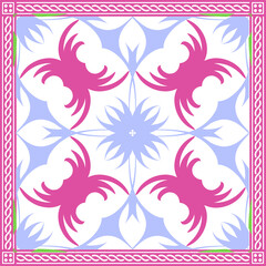 Fototapeta na wymiar Abstract square scarf pattern design with floral ornament on colored background