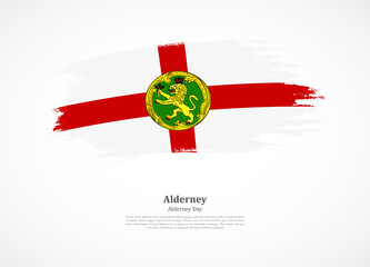 Happy national day of Alderney with national flag on grunge texture