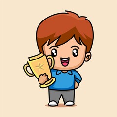 Cute boy holding trophy cartoon character illustration