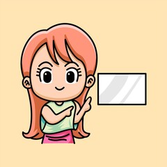 Cute woman pointing away hands together and showing white board cartoon illustration