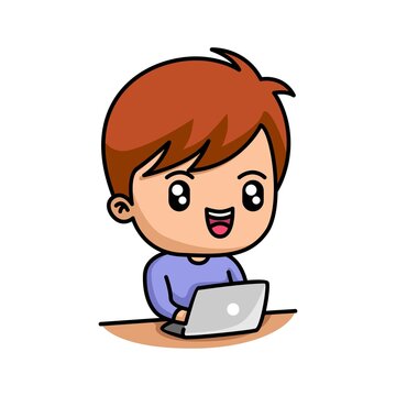 Cute boy working with laptop cartoon character illustration