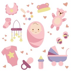 Set of elements for the birthday of the girl. Flat style. Vector illustration. White background, isolate.