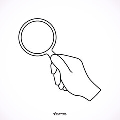 search, verify on white background, hand holding magnifier glass, flat style
