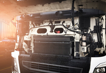 Semi Truck Engine Open Servicing. Truck Maintenance And Repairing