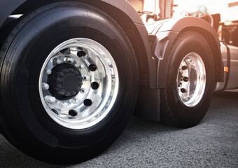 Rear A Big Semi Truck Wheels and Tires. Industry Freight Truck transportation.	