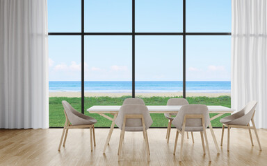 Dining table and chairs on wooden floor of large dining room with curtains in modern house or luxury hotel. Minimal home interior 3d rendering with sky and sea view.