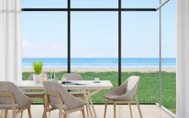 Dining table and chairs on wooden floor of large dining room with curtains in modern house or luxury hotel. Minimal home interior 3d rendering with sky and sea view.