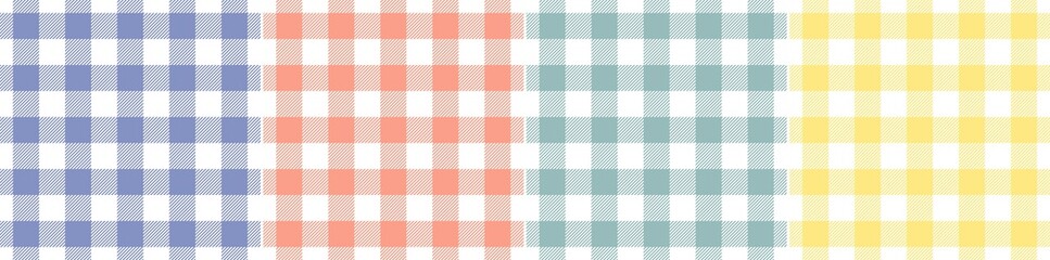 Gingham check pattern set in blue, coral, yellow, green, white. Seamless spring summer vichy graphic vector for Easter picnic blanket, tablecloth, oilcloth, other modern fashion textile design.