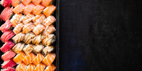 fresh sushi roll seafood multicolored maki susi salmon, tuna, rice, nori, wasabi, sesame asian food 