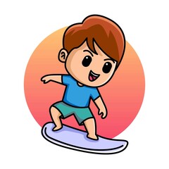 Cute boy with surfboard cartoon illustration