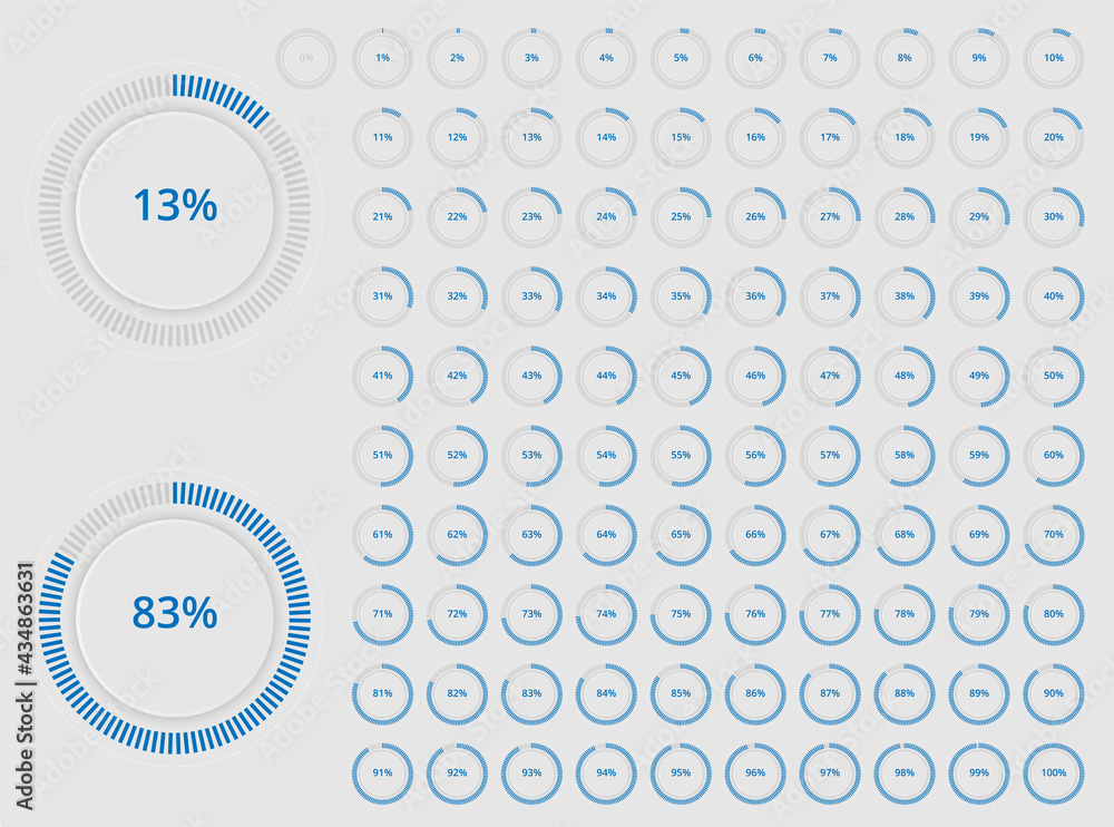 Poster set of round circle percentage meter for progress report. flat blue volumn icon indicator vector. nu