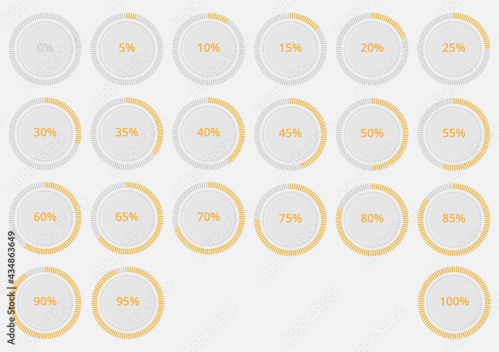 Poster set of round circle percentage meter for progress report. flat yellow volume icon indicator vector. 