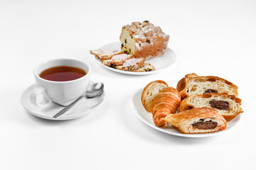 morning tea party. English Afternoon Tea. tea with croissants and pie. light snack between meals. croissant with chocolate on a white background mockup