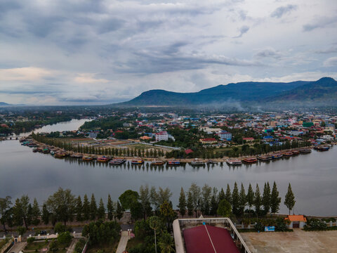 Stunning shots by drone from Kampot city in south of Cambodia, amazing old architecture struggling with the actual world