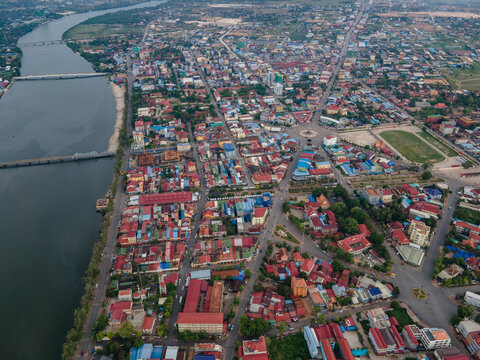 Stunning shots by drone from Kampot city in south of Cambodia, amazing old architecture struggling with the actual world