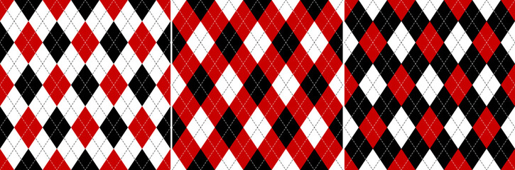 Argyle pattern set in black, red, white. Seamless geometric vector graphic textile bright backgrounds for wallpaper, socks, sweater, gift paper, other modern spring autumn fashion fabric design. - 434864278