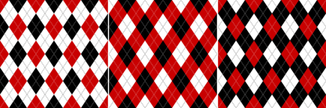 Argyle pattern set in black, red, white. Seamless geometric vector graphic textile bright backgrounds for wallpaper, socks, sweater, gift paper, other modern spring autumn fashion fabric design.