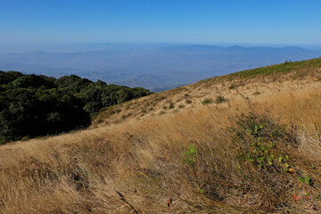 Natural landscape of green mountain range with misty summit hill