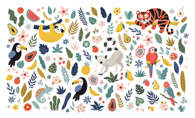 Obraz premium Tropical vector collection with exotic animals, flowers, plants and fruits. Cute hand drawn vector illustration.
