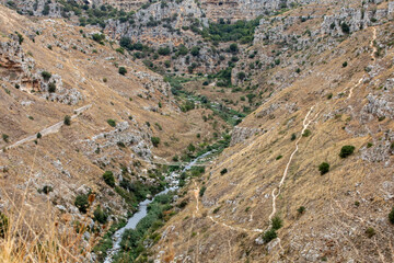 View of Gravina river canyon and park of the Rupestrian Churches of Matera with houses in caves di Murgia Timone near ancient town Matera (Sassi), , Basilicata,  Italy