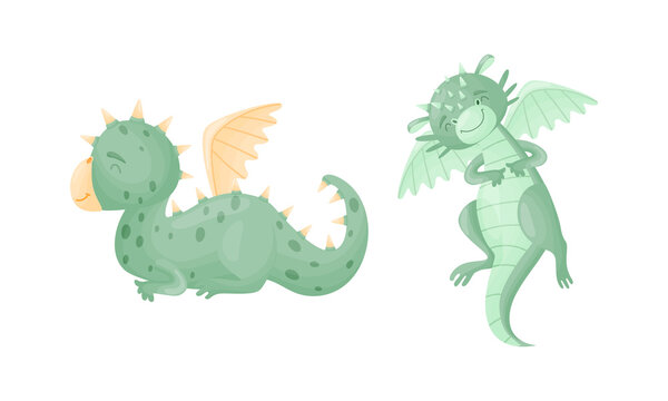 Cute Dragons as Horned and Winged Four-legged Creature from Fairytale Vector Set