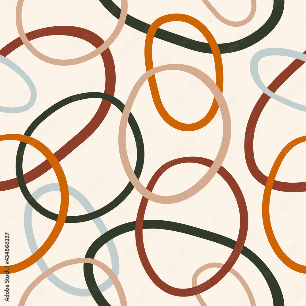 Poster abstract seamless pattern with colorful curves interlacing rings or circles on pastel background. mo