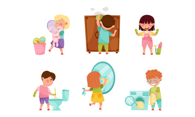 Little Boy and Girl Washing Mirror and Dusting Vector Set