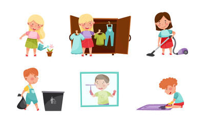 Fototapeta premium Little Boy and Girl Rubbing Carpet and Vacuum Cleaning Vector Set