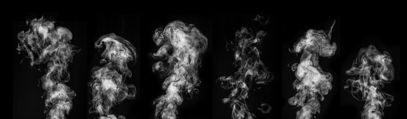 A perfect set of six different types of white smoke on a black background. Curly smoke on a dark...