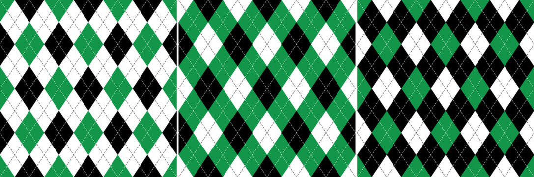 Argyle Pattern Set In Black, Green, White. Seamless Geometric Vector Graphic Classic Textile Backgrounds For Wallpaper, Socks, Sweater, Gift Paper, Other Modern Spring Autumn Fashion Fabric Print.