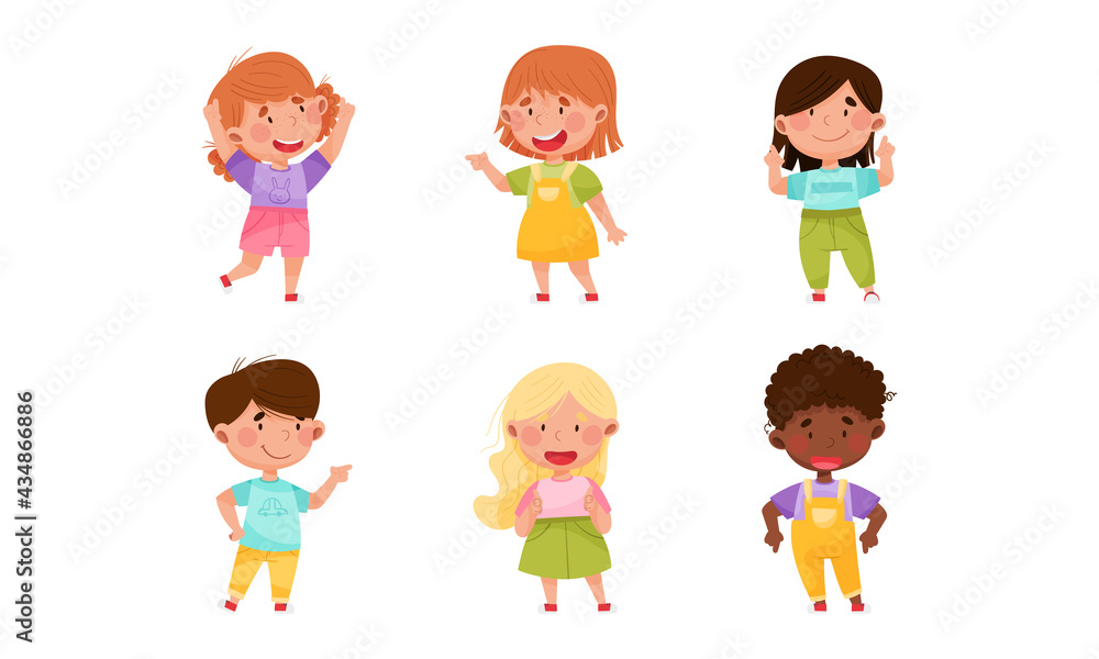 Poster kid characters pointing at something with their first finger vector illustration set