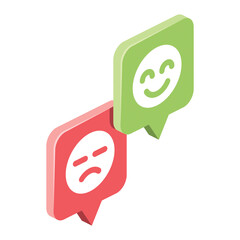 Positive and negative reviews, smiles on chat bubble. Vector 3d isometric, color web icons, new flat style. Creative design idea for infographics.