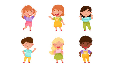 Kid Characters Pointing at Something with Their First Finger Vector Illustration Set