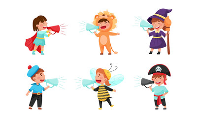 Kid Characters Wearing Fancy Dress or Costume Talking Megaphone or Loudspeaker Vector Illustration Set