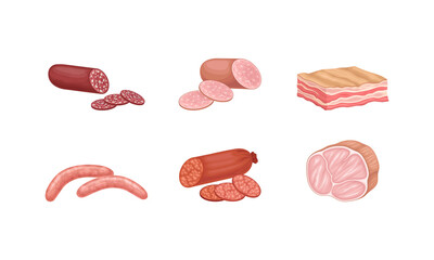 Meat Products with Salami, Bacon and Sausage Vector Set